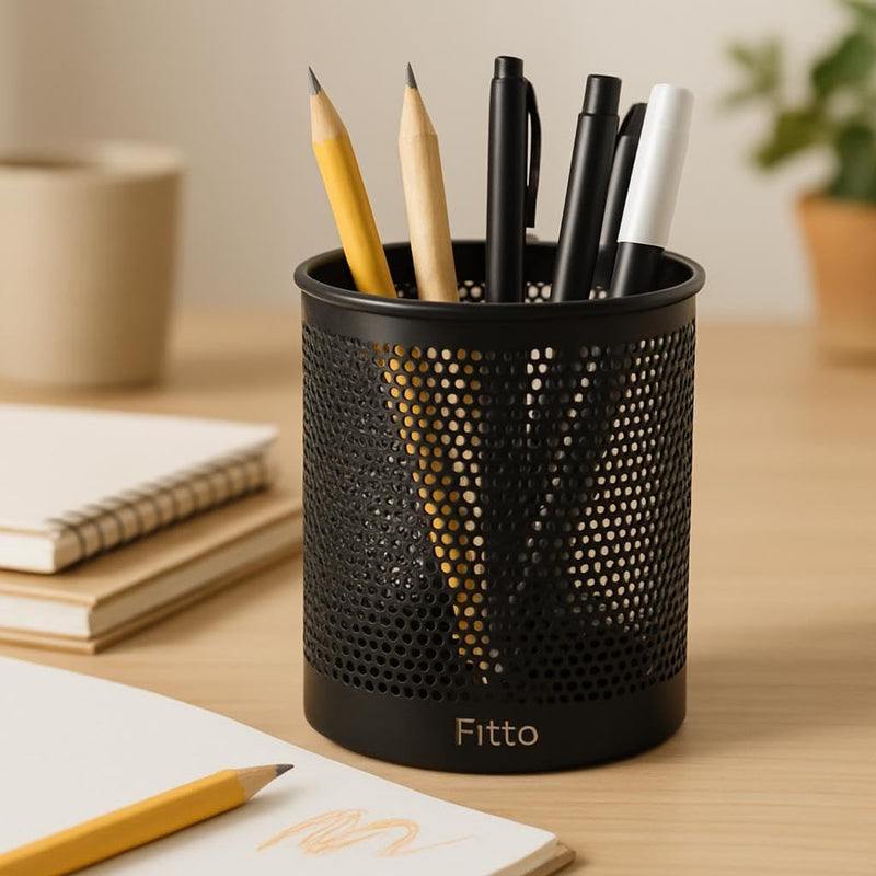 Fitto Round Pen Holder 10x8cm Black for Office Desk Organization
