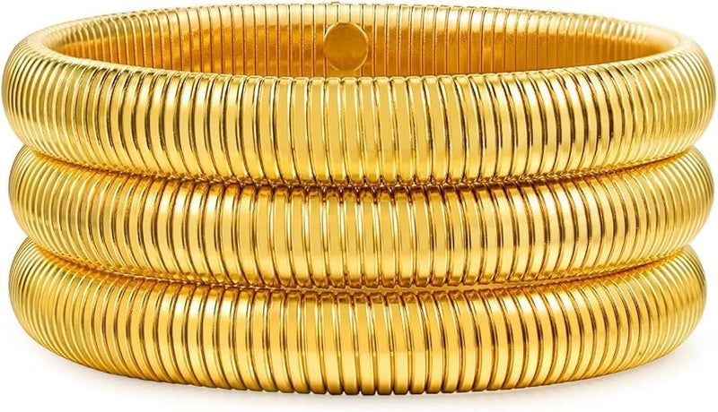 Gold Bangles for Women Chunky Stretch Bangles Bracelets Set 18K Gold Plated Stainless Steel Link Chain Bracelets Flexible Wide Wristband Bracelets Set of Jewelry for Women - 10mm gold x 3