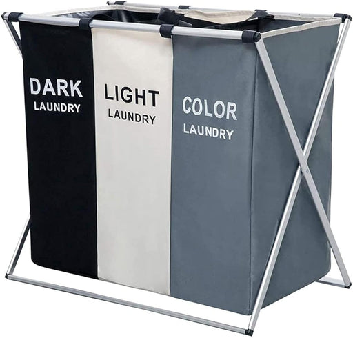 Juzi 3 section laundry basket printed dark light color, foldable hamper/sorter with waterproof oxford bags and aluminum frame, washing clothes storage for home, dormitary - multi