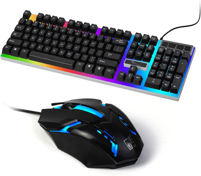 SKY-TOUCH G21 Computer Gaming Keyboard and Mouse Combo :Keyboard with Flexible Polychromatic LED Lights Mechanical Feel Wired USB Working Keyboard Mouse Set for Windows Computer(White) - Black
