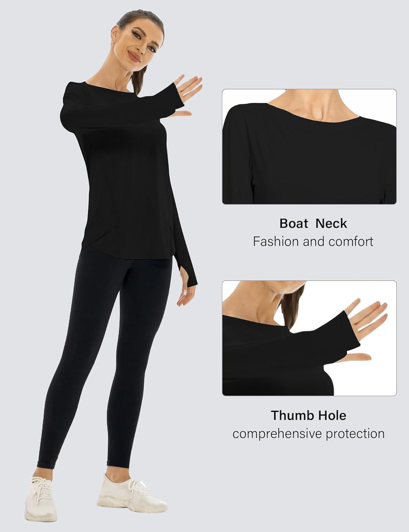 Rapbin Women's UPF 50+ Sun Protection T-Shirts Long Sleeve Boat Neck Workout Lightweight Quick Dry Top with Thumb Hole