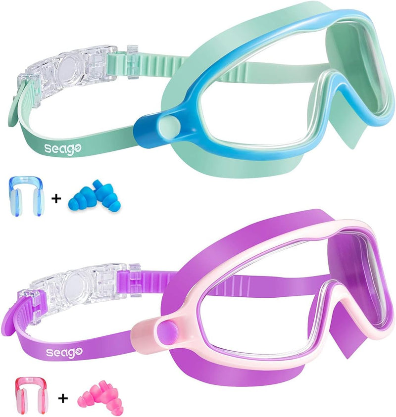Seago Swim Goggles 2 Pack Anti-Fog Anti-UV Wide View Swimming Goggles for Kids 3-15