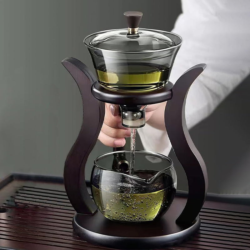 CUNHUY Lazy Kungfu Drip TeaPot, Heat Resistant Tea Set, Semi-Automatic Glass Teapot Suit for Magnetic Water Flow Wooden Glass Teapot Set (Wooden handle+glass body)