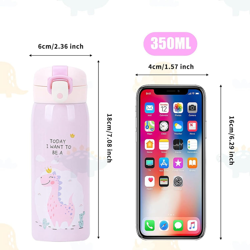 350ml Kids Water Bottle, Stainless Steel & Insulated, Leak Proof, 12H Hot 24H Cold, Reusable for Boys Girls, BPA-Free, Pink