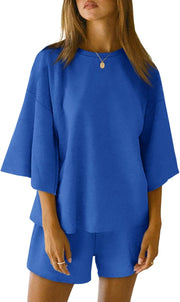 Womens Pajama Sets 3/4 Sleeve Oversized Tops and Elastic Waist Shorts Lounge Sets Loungewear - Blue
