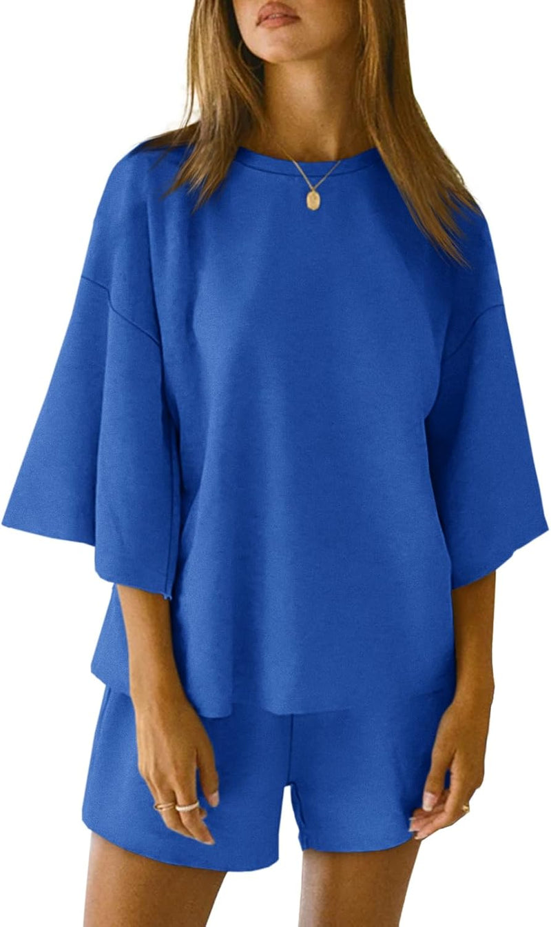 Womens Pajama Sets 3/4 Sleeve Oversized Tops and Elastic Waist Shorts Lounge Sets Loungewear - Blue