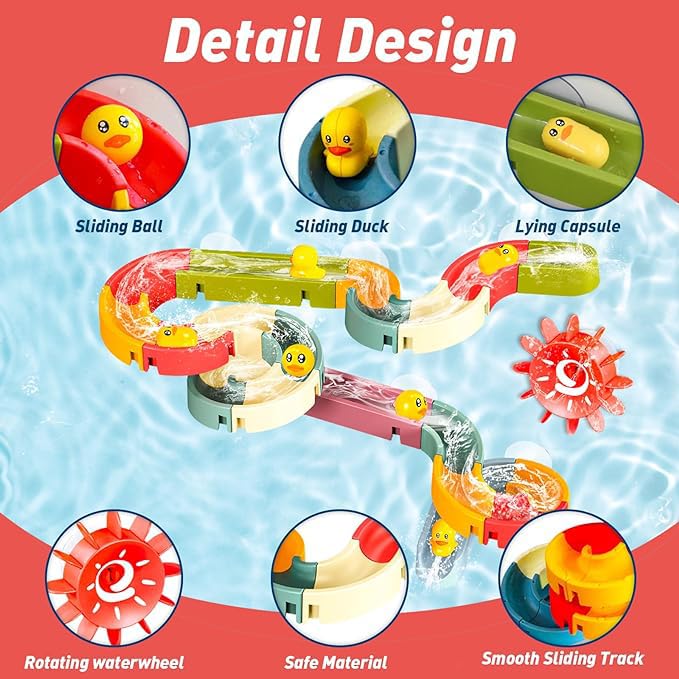 AM ANNA DIY Bath Toys 48 pcs Water Balls Tracks with Suction Cups Toys for Kids 3-8 Years , Take-Apart Water Slide Toy Ball Track,Pool Bathroom Shower Set Gift Toys for boys girls