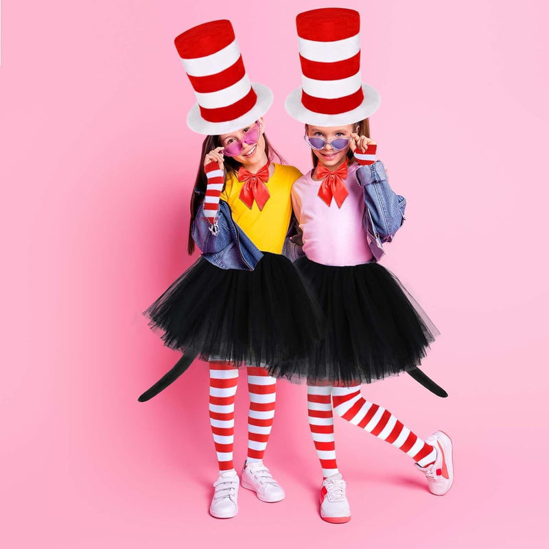 KASTWAVE Cat Costume Set, 6 Pcs Cosplay Costume, Include Red and White Striped Top Hat, Oversized Bow Tie with Fur, Tutu Skirt, Gloves, Socks and Tail, Dress Up for World Book Day, Halloween, Party