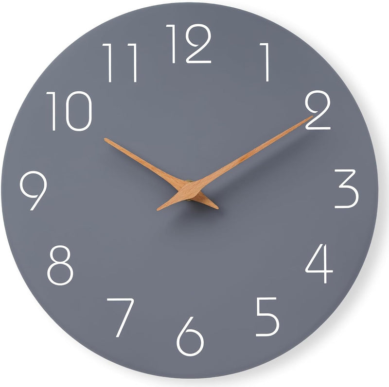 Mosewa Silent Non-Ticking Wall Clock Decorative for Kitchen, Bedroom, Bathroom, Office, Living Room, Battery Operated - 10 Inch Wood Modern Simple (Gray) - 12" Grey