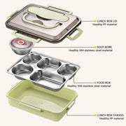 Stainless Steel Bento Box 5 Compartments Lunch Box for Kids Leak Proof Food Container for Microwave Dishwasher Safe (Green)