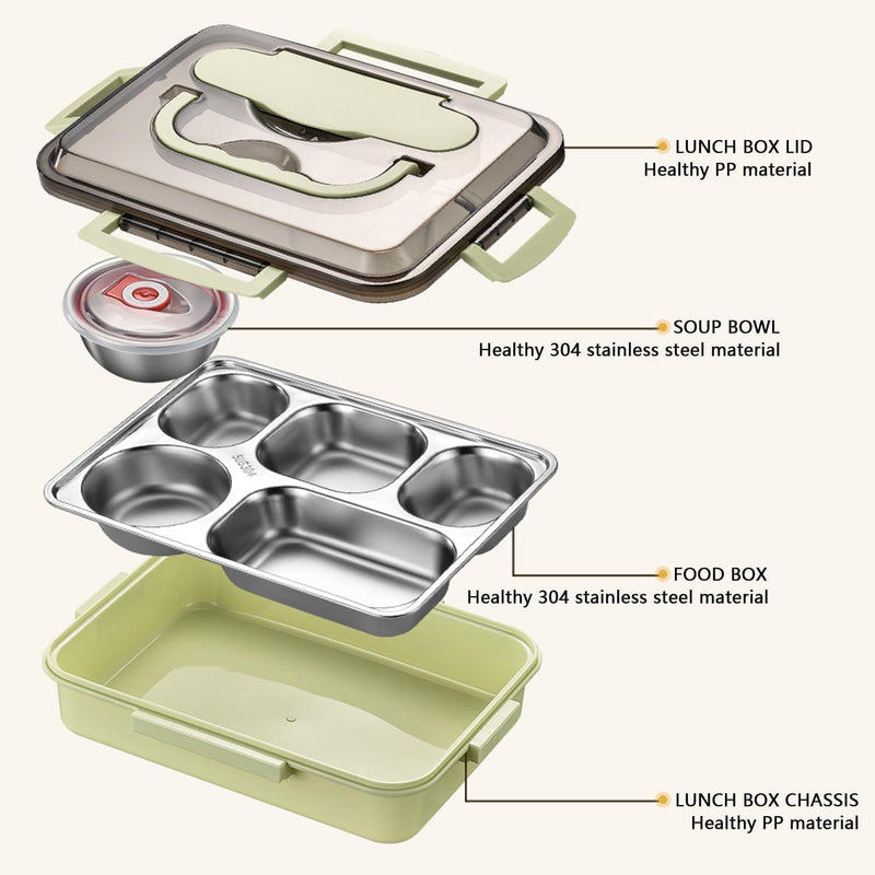 Stainless Steel Bento Box 5 Compartments Lunch Box for Kids Leak Proof Food Container for Microwave Dishwasher Safe (Green)
