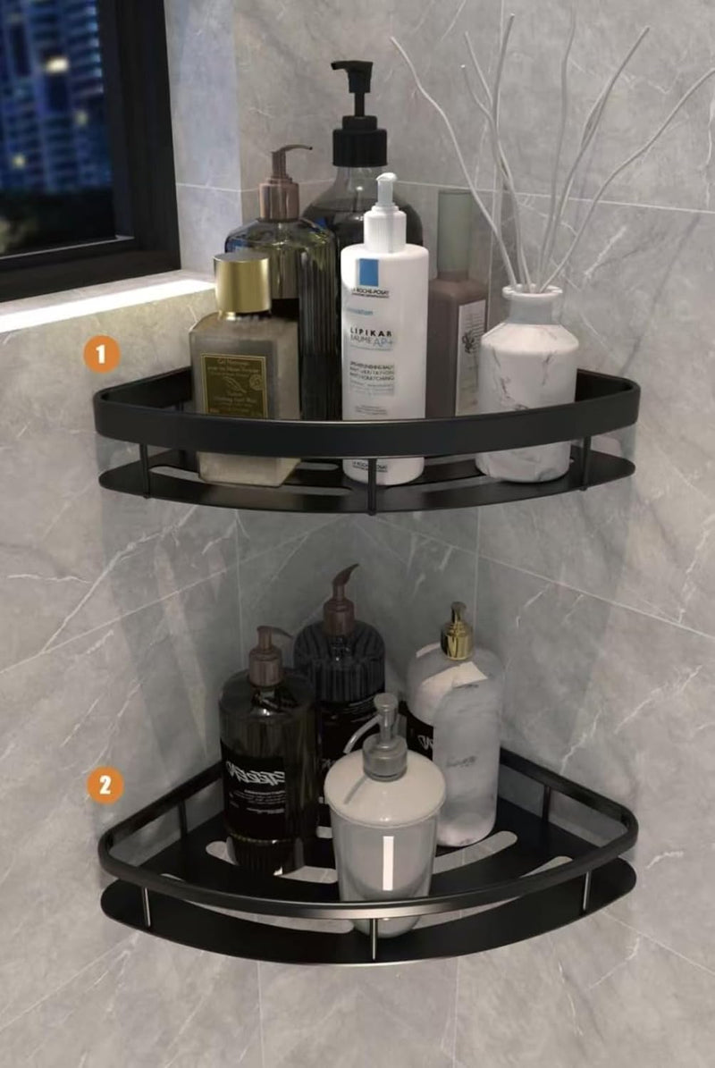 Streamflow Corner Shower Caddy Shelf, Adhesive Bath Corner Black Bathroom Shower Rack, No Drilling Wall Mounted Shower Organizer, Rustproof Bath Storage Basket for Bathroom, Toilet, Kitchen - 2 Pack