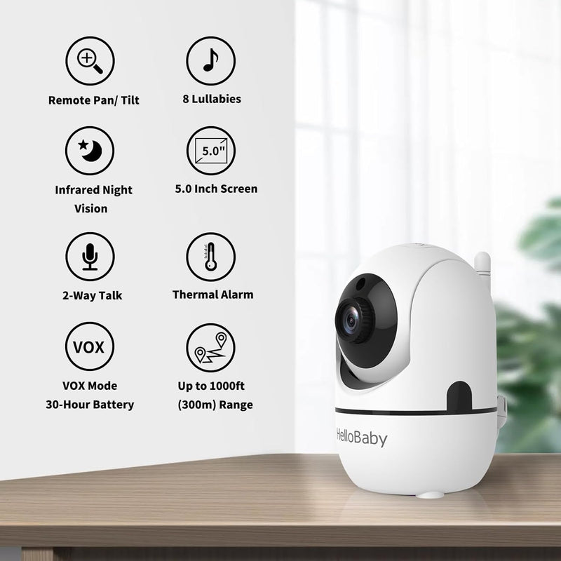 HelloBaby Upgrade Monitor, 5''Sreen with 30-Hour Battery, Pan-Tilt-Zoom Video Baby Monitor with Camera and Audio, Night Vision, VOX, 2-Way Talk, 8 Lullabies and 1000ft Range No WiFi, Ideal Gifts