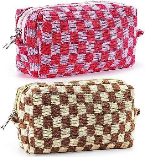 ZLFSRQ 3Pcs Checkered Makeup Bag for Women Large Cosmetic Bag Set Travel Toiletry Bag Makeup Pouch Bag for Purse Pink Zipper Storage Bag Organizer Cute Small Aesthetic Girls Car Essentials Bag
