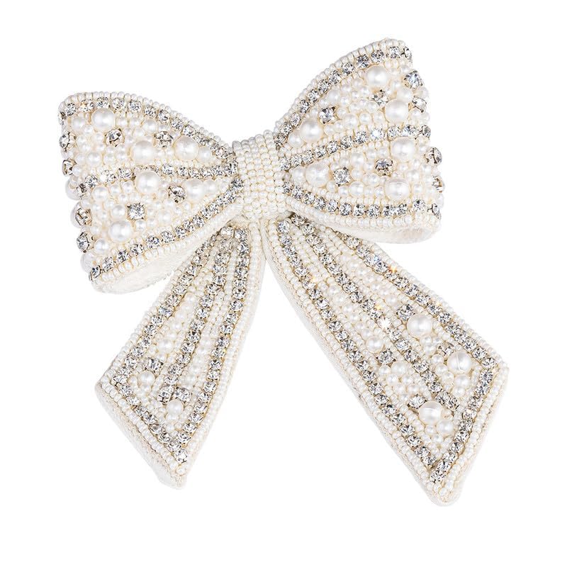 Hair Drama Co. Silver Embellished Crystal Hair Bow Clip With Pearls | Long Tail Hair Bow Barrette Clip | Alligator Hair Barrette for Bride Wedding