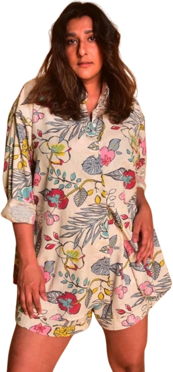 Rayon Floral Stylish Pajama Shorts Co Ord Set for Women Pack of 1 - Multicolour