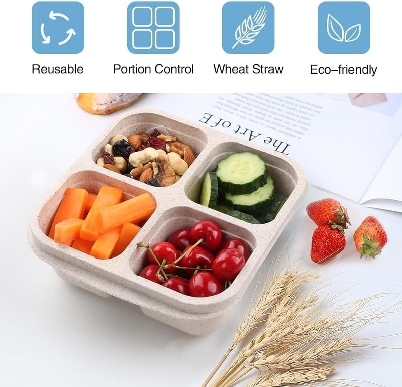JICUICUI 4 Pack Snack Containers, 4 Compartments Bento Snack Box, Reusable Meal Prep Lunch Containers for Kids Adults, Divided Food Storage Containers for School Work Travel