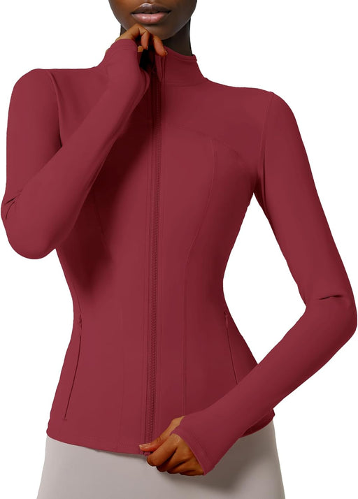 Women's Slim Fit Full Zip Athletic Running Sports Workout Jacket with Pockets - Style 02 Burgundy