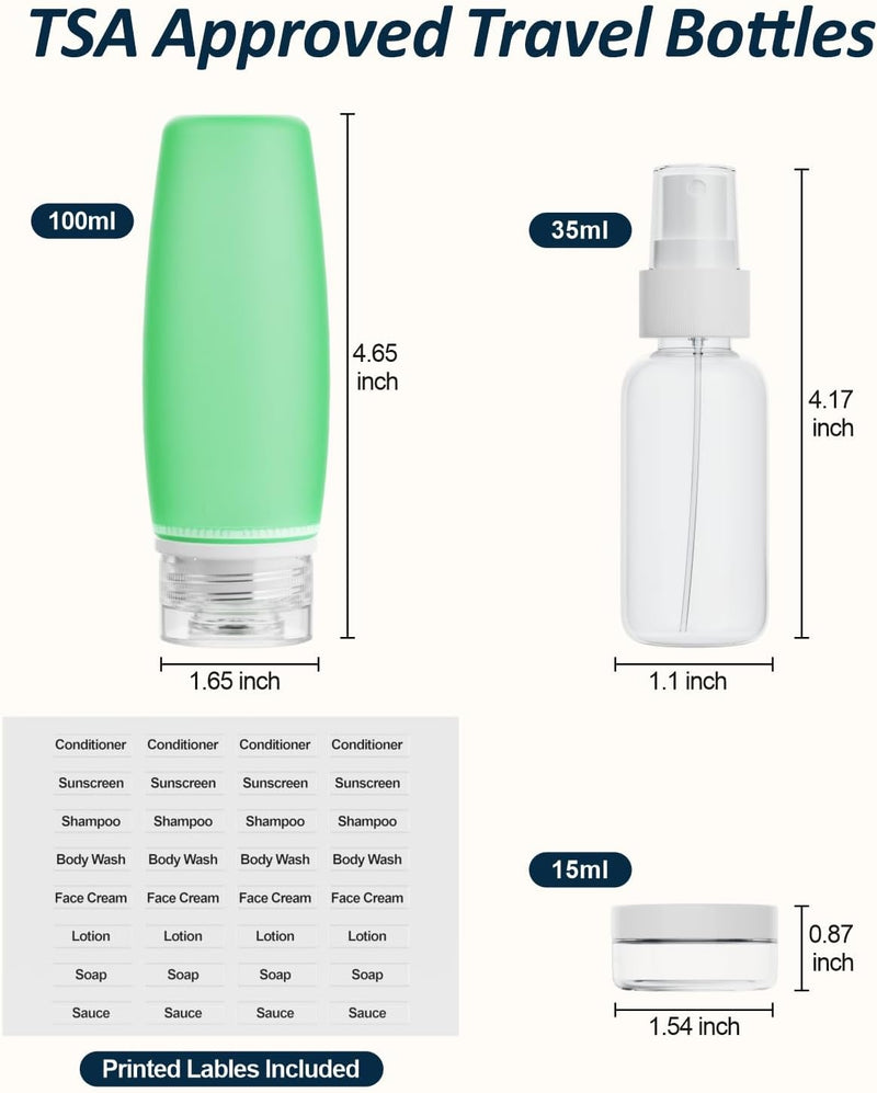 PACKISM TSA Approved Toiletry Bottles - 9 Pack Leakproof 3.4oz Silicone Travel Bottles for Toiletries, Travel Accessories with Clear Makeup Bags for Shampoo Conditioner Lotion Body Wash BPA Free