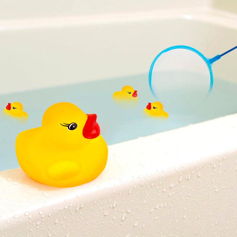 AYNKH 50PCS Rubber Ducky with Storage Mesh Bag, Float and Squeak Mini Small Yellow Ducks, Baby Shower Toy Party Decoration Fishing Game for Toddlers Boys Girls