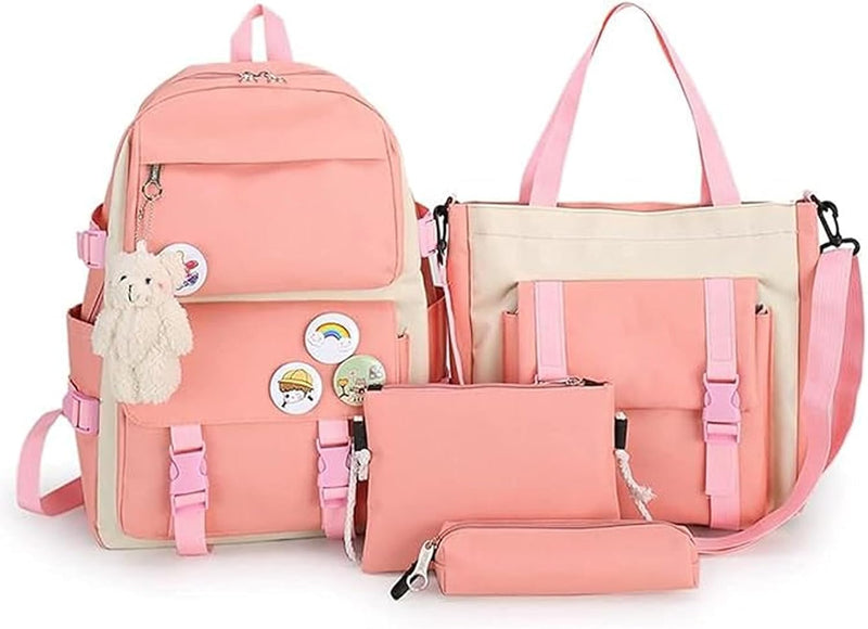 School Canvas Backpack, 4 Pieces, Pink, Large, unisex child