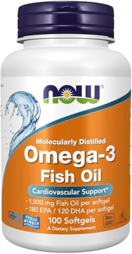 Now Foods Omega-3 1000mg Fish Oil Molecularly Distilled with 180 EPA & 120 DHA for Cardiovascular Support & Heart Health 100 Softgels