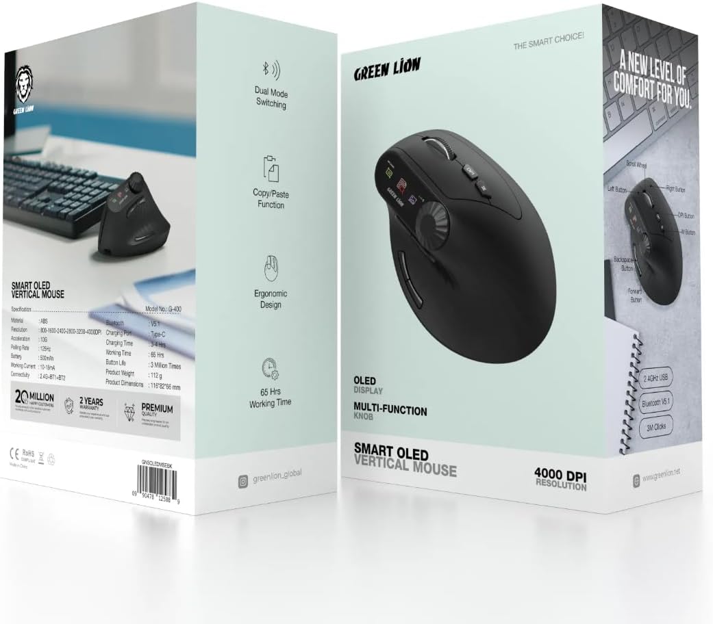 Next Store Smart OLED Vertical Mouse, Ergonomic Wireless Design with OLED Display, Multi-Function Knob, 4000 DPI Adjustable, Bluetooth 5.1 & 2.4G, Rechargeable 500mAh Battery – image 5