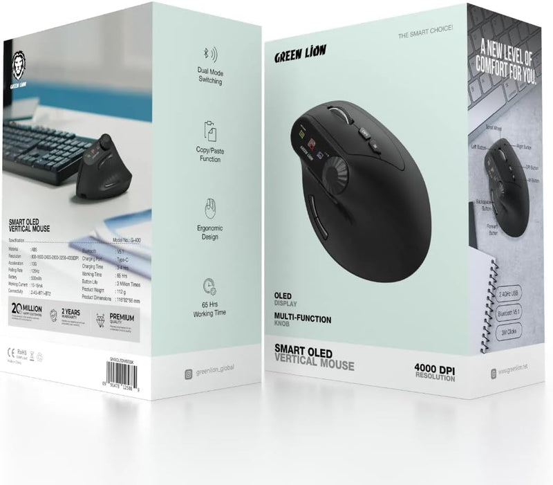 Next Store Smart OLED Vertical Mouse, Ergonomic Wireless Design with OLED Display, Multi-Function Knob, 4000 DPI Adjustable, Bluetooth 5.1 & 2.4G, Rechargeable 500mAh Battery