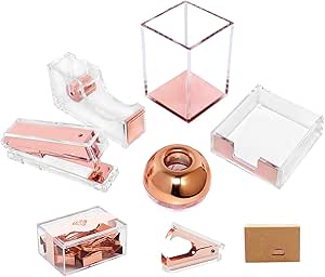 THE WHITE SHOP Acrylic Stapler, Rose Gold Desk Accessories, Office Supplies Set Acrylic Stapler, Set Staple Remover, Tape Holder, Pen Holder