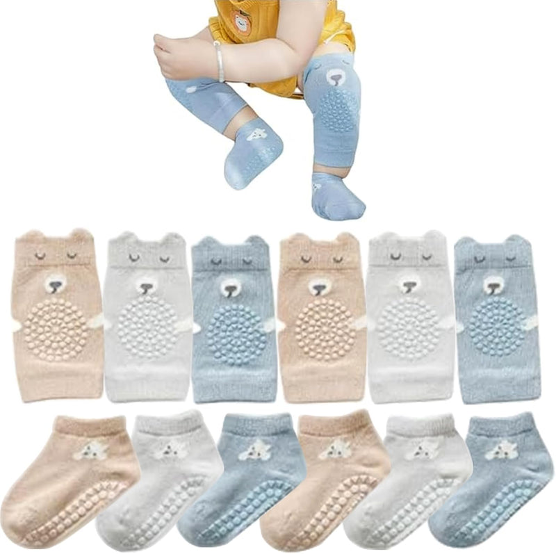 Erweicet Baby Socks & Knee Pads for Crawling, 3 Pair Non-Slip Cotton Crew Socks & Pads for Boys & Girls