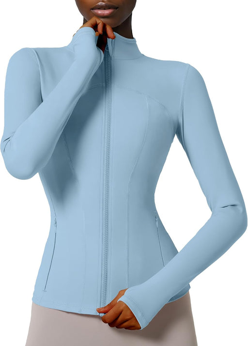 Women's Slim Fit Full Zip Athletic Running Sports Workout Jacket with Pockets - Style 02 Light Blue