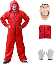 Money Heist Costume Red Jumpsuit with Salvador Dali Mask and Gloves Unisex Halloween Cosplay Outfit for Men Women Carnival Book Day Fancy Dress Full Set TV Show