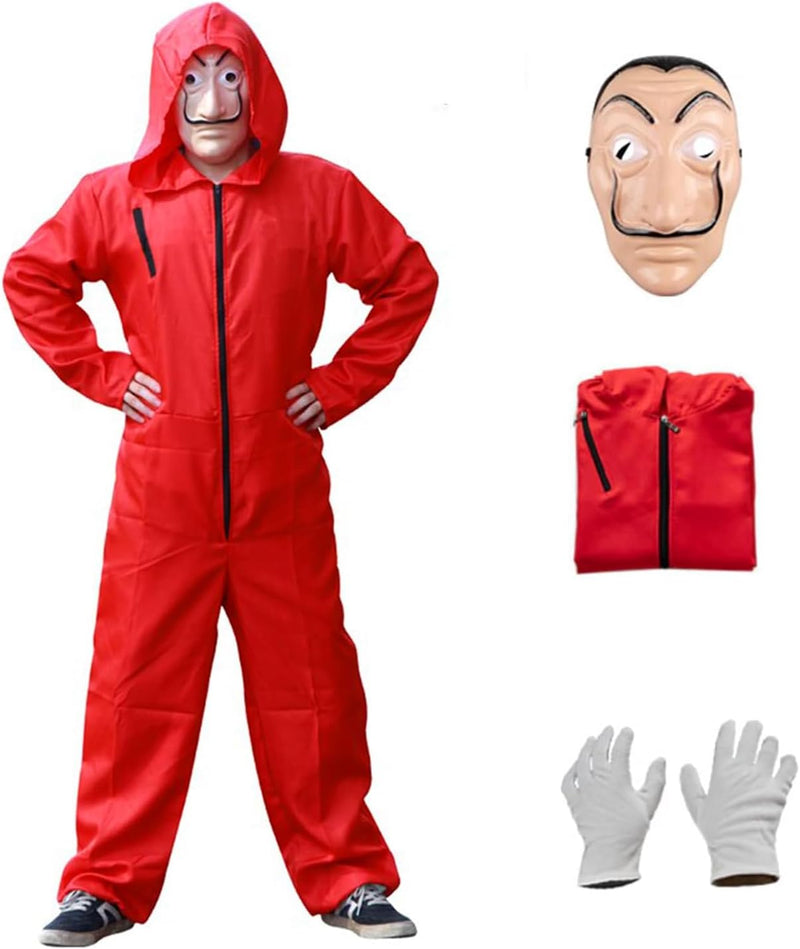 Money Heist Costume Red Jumpsuit with Salvador Dali Mask and Gloves Unisex Halloween Cosplay Outfit for Men Women Carnival Book Day Fancy Dress Full Set TV Show