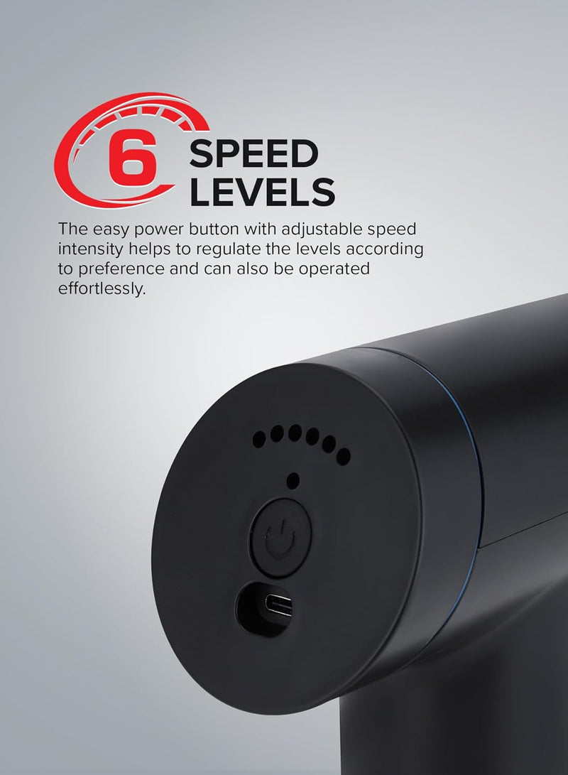 Olsenmark 6-in-1 Percussion Massage Gun Cordless & Rechargeable Deep Tissue Massager with 6 Detachable Heads, 6 Speed Levels, Ergonomic Grip for Full-Body Pain Relief, Stress Reduction, Black