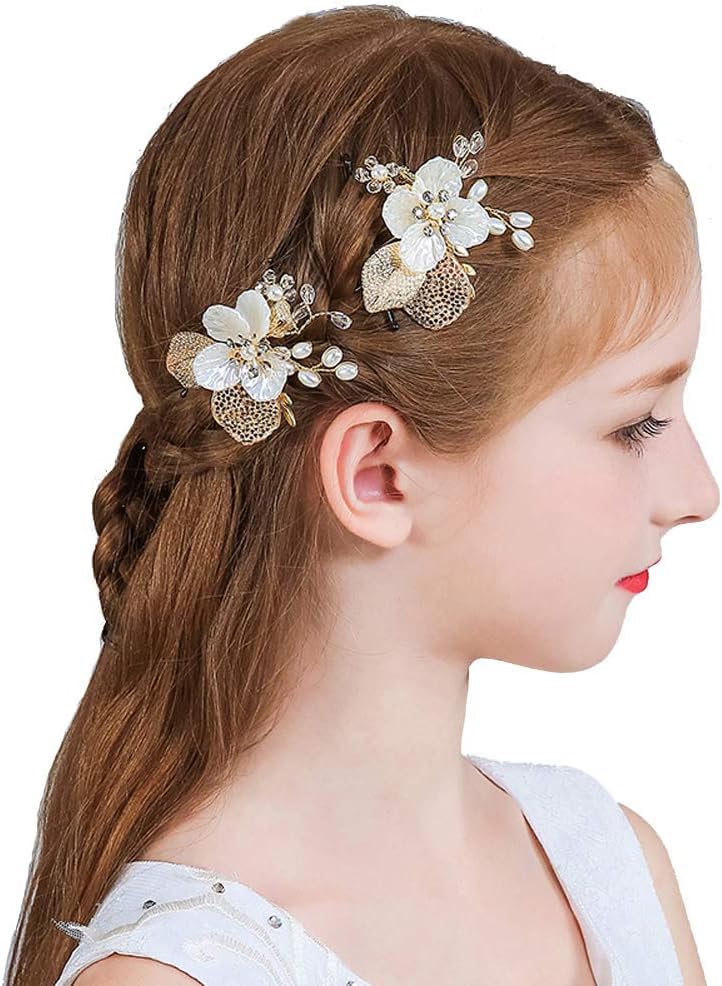 Wedding Flower Girl Hair Pins Bride Pearl Hair Piece Crystals Hair Clips Bridal Hair Accessories for Women and Girls Pack of 2 (Gold)