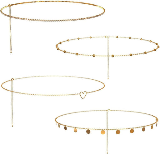 Metal Waist Chain for Women Girls Adjustable Body Link Belt Fashion Belly Jewelry 4 Pieces Belly Waist Chain, Summer Body Beach Jewelry for Jeans Dresses (Gold)