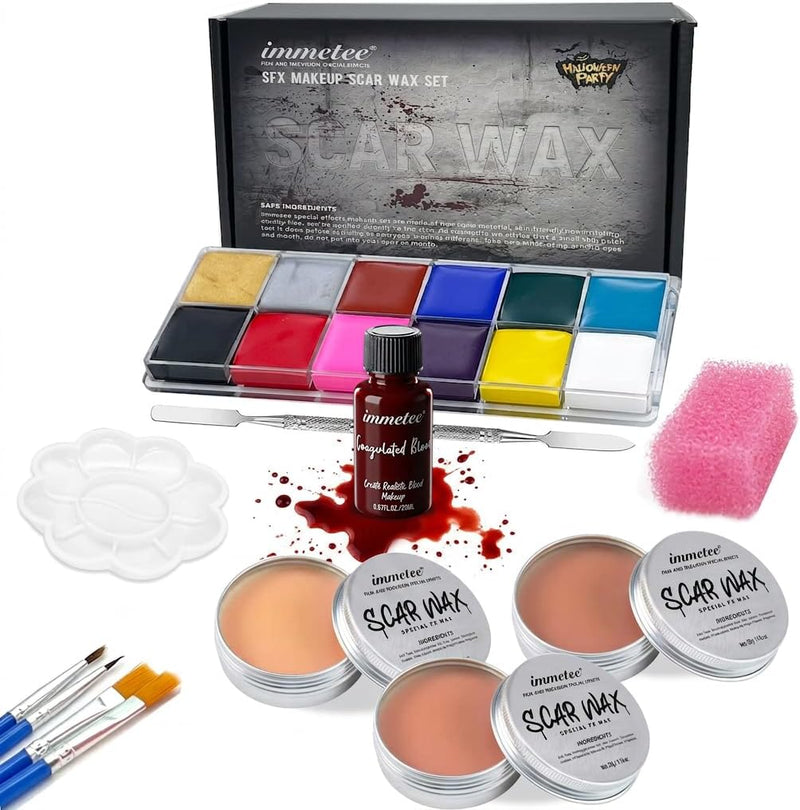 immetee Scar Wax SFX Makeup Kit, Face & Body Paint, Christmas Halloween Makeup Kit, Fake Blood, Painting Brushes, Spatula, Stipple Sponge, Stage Theatrical Party Cosplay, Carnival - Halloween Makeup Kit