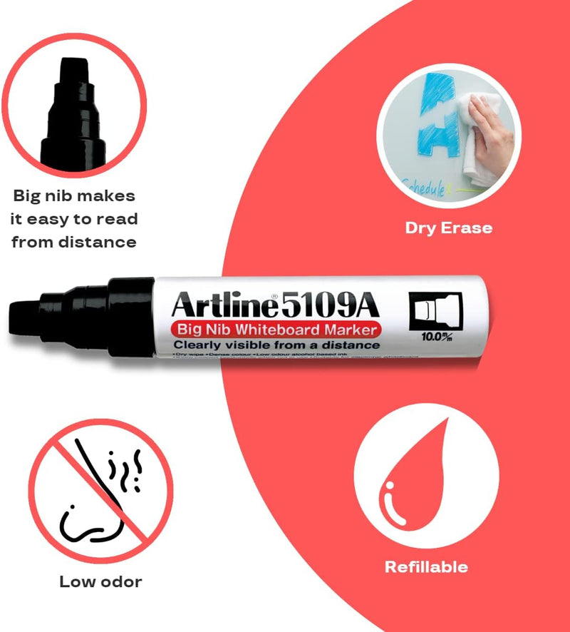Artline 5109A Big Nib Whiteboard Marker - Black (Pack of 6)