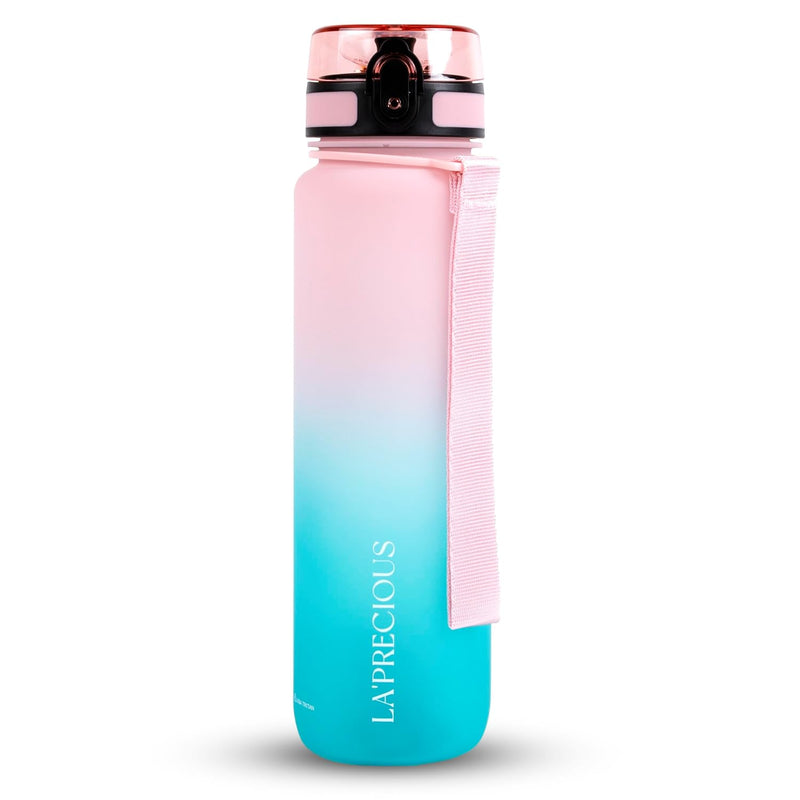 LA' PRECIOUS Water Bottle for Adults,1 liter-USA Tritan Material, Non-Toxic BPA Free, Fast Flow, Flip Top Leak Proof Lid. (Pink/Green)