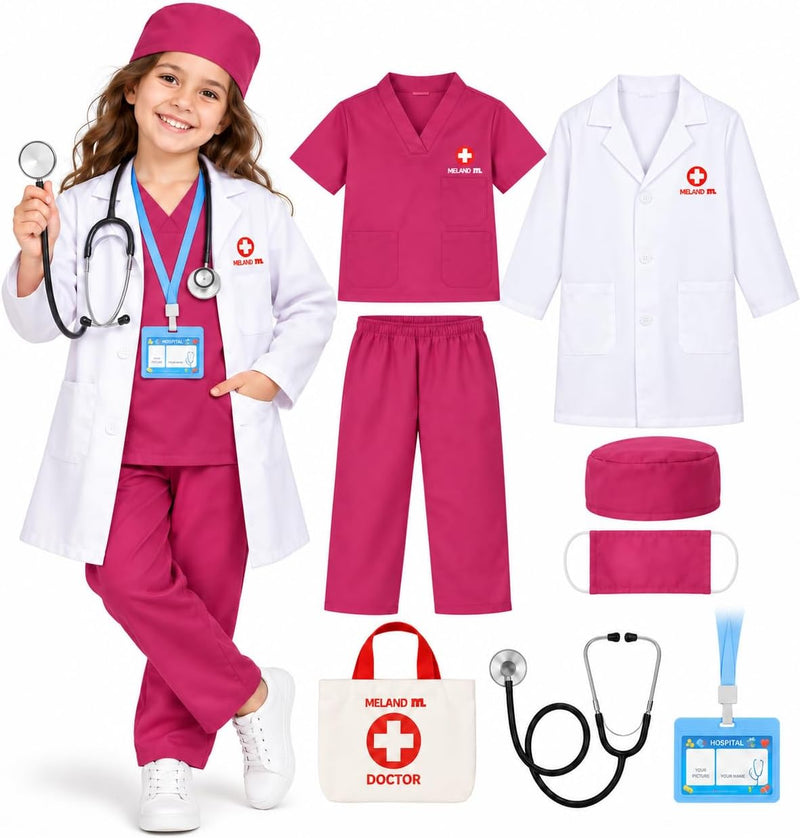 Meland Doctor Costume for Kids 3-10, Pretend Play Career Dress Up with Bag - Rose