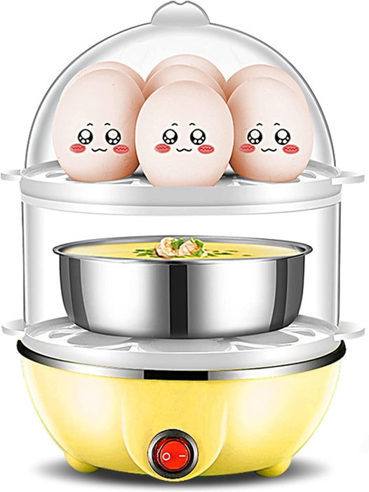 Electric Egg Boiler - Egg Cooker - 350W 2 Layers 14Pcs Eggs A Time Auto Power Off Safe PP Egg Boiler with Measuring Cup for Home(Yellow)