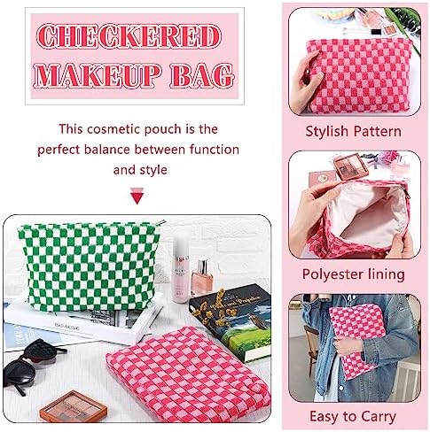 ZLFSRQ 3Pcs Checkered Makeup Bag for Women Large Cosmetic Bag Set Travel Toiletry Bag Makeup Pouch Bag for Purse Pink Zipper Storage Bag Organizer Cute Small Aesthetic Girls Car Essentials Bag