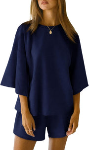 Womens Pajama Sets 3/4 Sleeve Oversized Tops and Elastic Waist Shorts Lounge Sets Loungewear - Navy