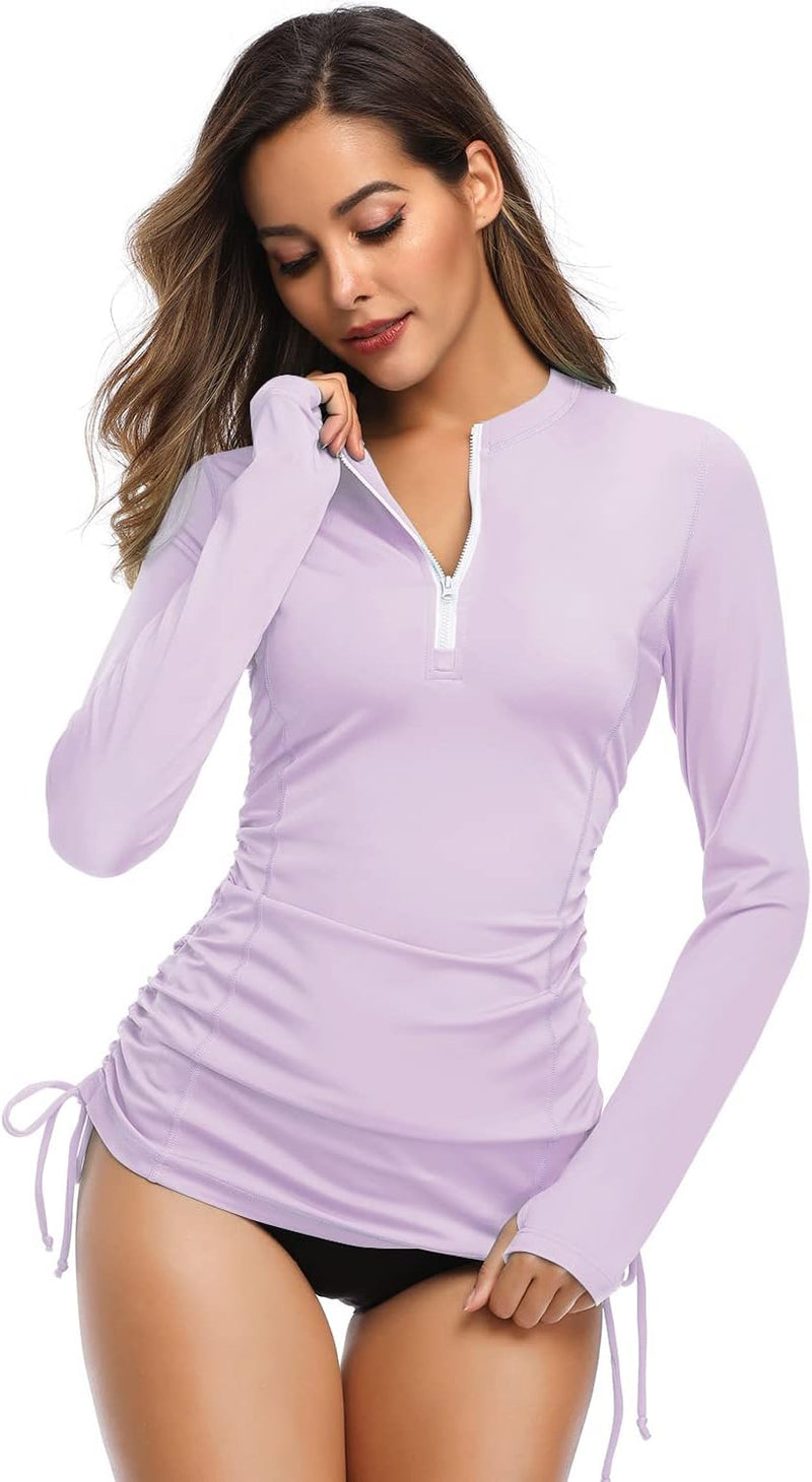 Women's Long Sleeve UV Sun Protection Rash Guard Side Adjustable Wetsuit Swimsuit Top - Light Purple