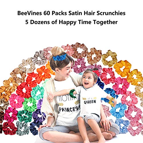 60 Pack Satin Scrunchies, BeeVines Satin Silk Scrunchies for Hair, Silky Curly Hair Ties for Women, Hair Ties Ropes for Teens, Girl's Scrunchies Pack