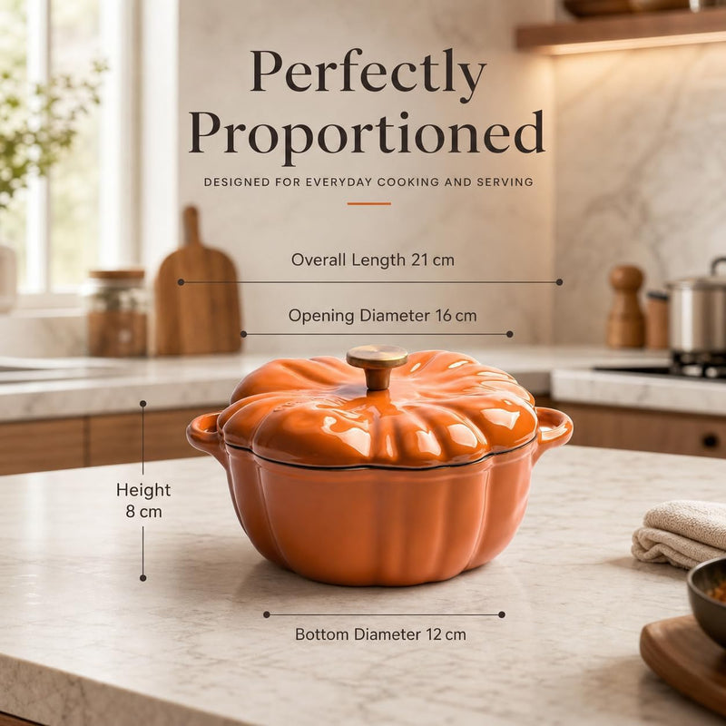 Stockpot with Lid, Enameled Cast Iron Dutch Oven, 1.5L Pot with Lid Two Handles, 16cm Heavy-Duty Cookware for Braising, Stews, Roasting, Bread Baking, Orange pumpkin