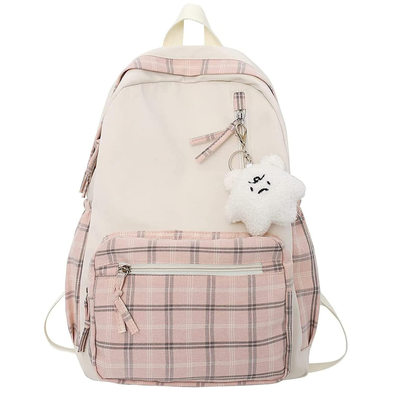 DIKXO Backpack Backpack, Large Capacity Casual Daypack Kawaii Plaid School bags Preppy Backpack for School for Teens Girls Women Students (Pink)