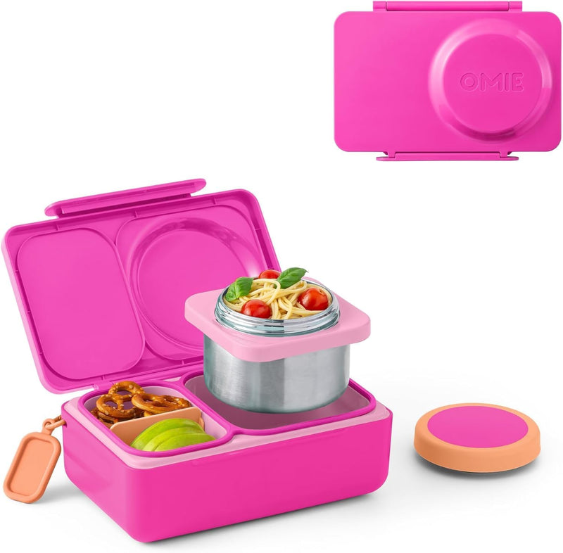 OmieBox UP bento Box for Kids Insulated Lunch Box Leak Proof Vacuum Insulated Thermal Food jar Cooler ice Pack 2 Compartments (Pop Pink)