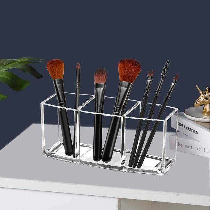 Sunnyrobby Acrylic Makeup Brush Organizer Clear Cosmetic Storage with 3 Slots Eye Liner Display Holder Clear Makeup Brush Holder