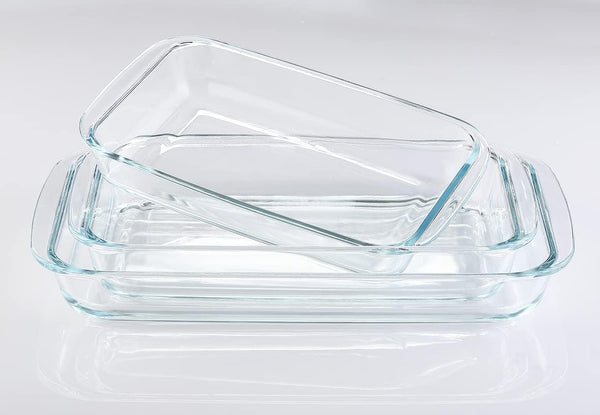 Home Maker Premium 3-Piece Glass Rectangular Oven Baking Set, Turkish Made, Classic Design, Dishwasher Safe, Superior Heat Retention & Even Heat Distribution